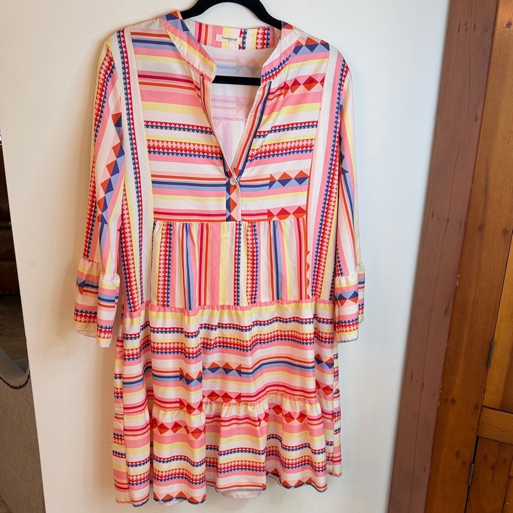 Sunday Up Multicolor Springy Aztec/Southwest Geometric Tiered Midi Dress, M